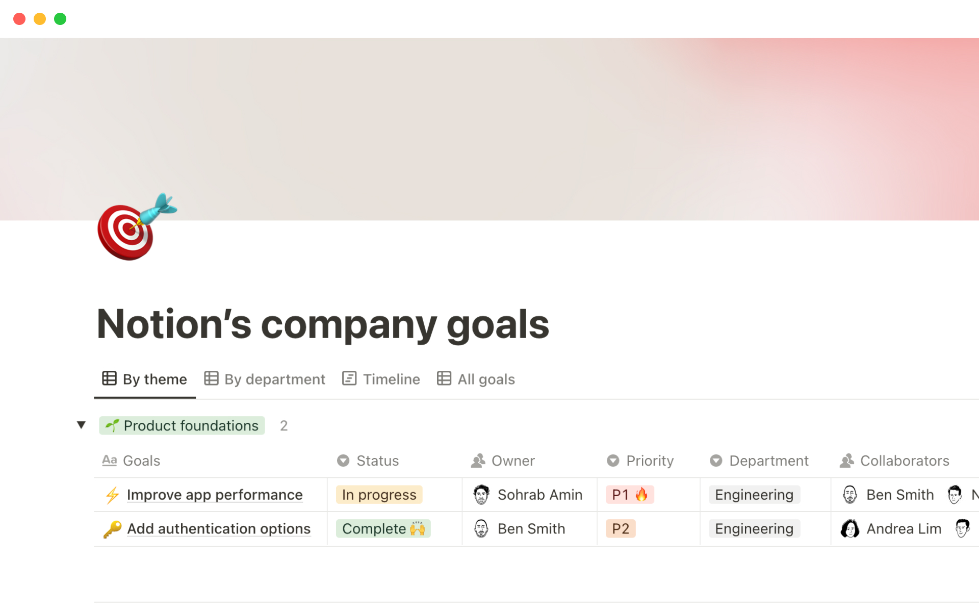 A template preview for Notion’s company goals